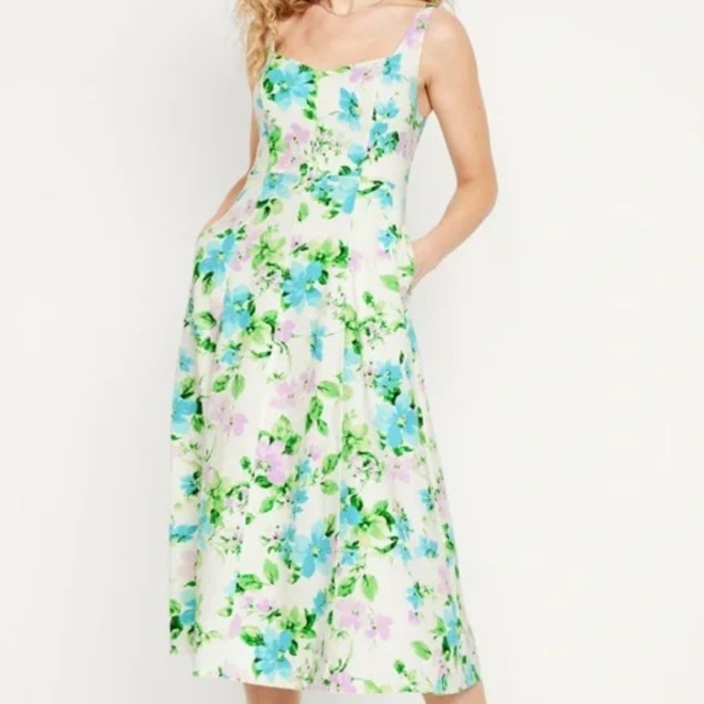 NWT Old Navy Fit & Flare Linen Blend Floral Midi Dress Elastic Back Pockets Sz M